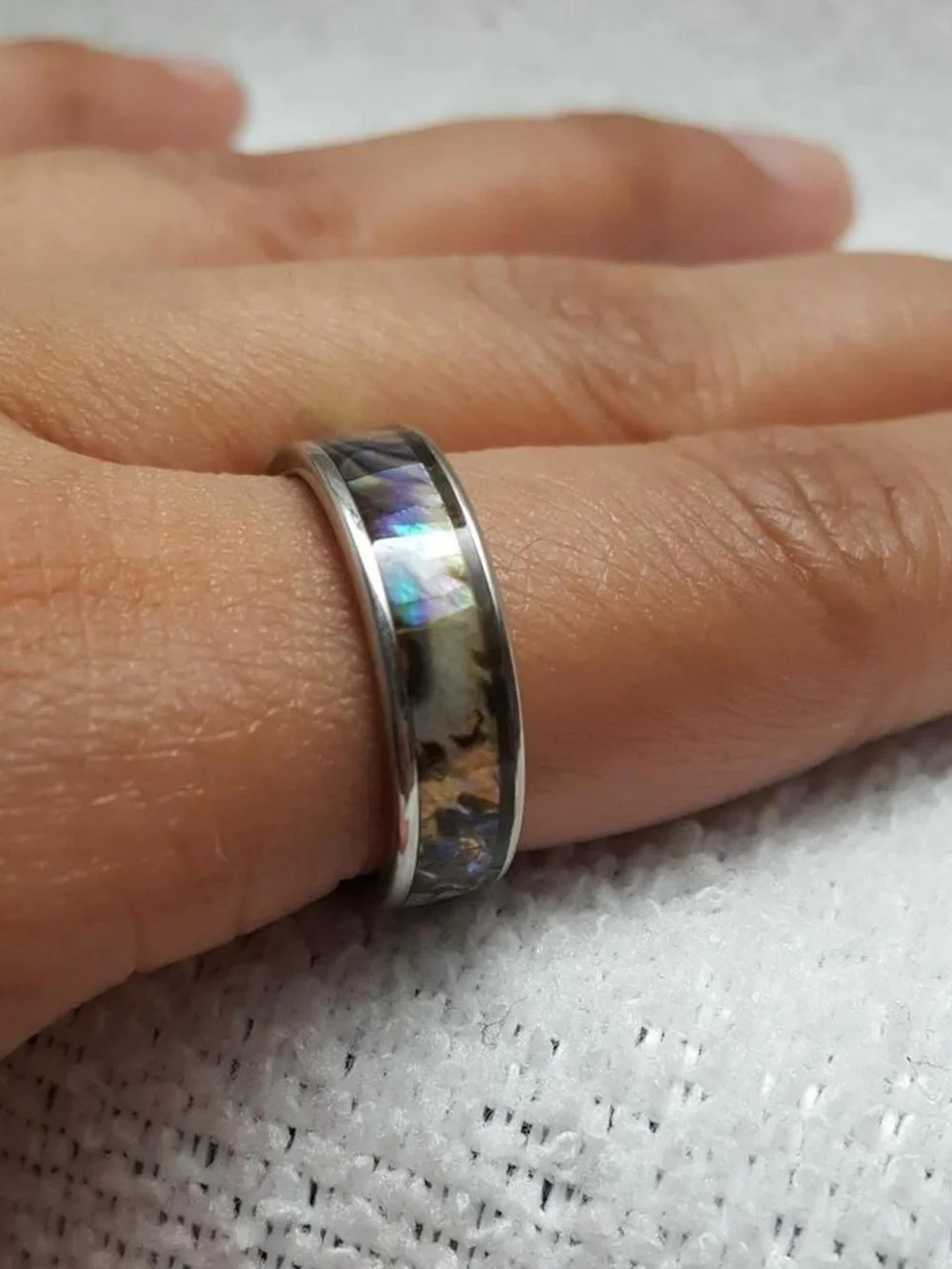 Abalone Inlay Stainless Steel Band Ring - Iridescent Green & Blue